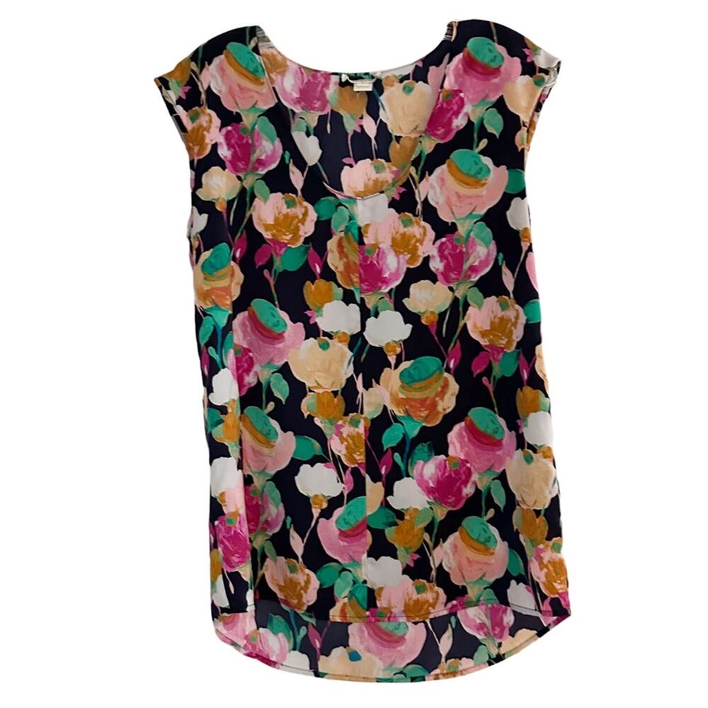 J Crew Floral Poppy E0592 Sleeveless Cap Sleeve Shirt tail Blouse Top Size 0